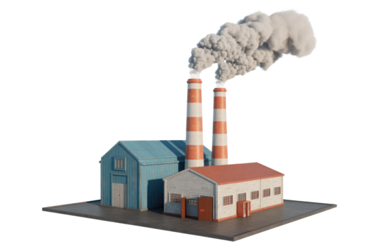 3D model of a small factory emitting smoke from its chimneys, showcasing industrial pollution. background removed