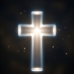 Divine glowing cross shines brightly with ethereal light against a dark celestial background