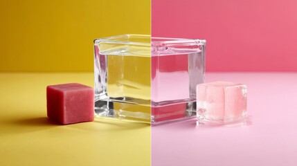 Glass cubes with red blocks arranged on split yellow pink background