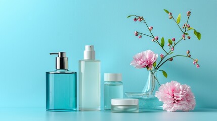 Cosmetic bottles with flowers on turquoise surface bright wellness concept