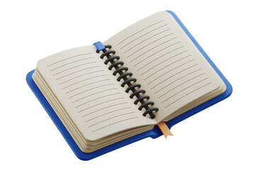 A 3D rendered image of an open spiral-bound notebook with blank pages and a blue cover. background removed