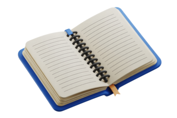 A 3D rendered image of an open spiral-bound notebook with blank pages and a blue cover. background removed
