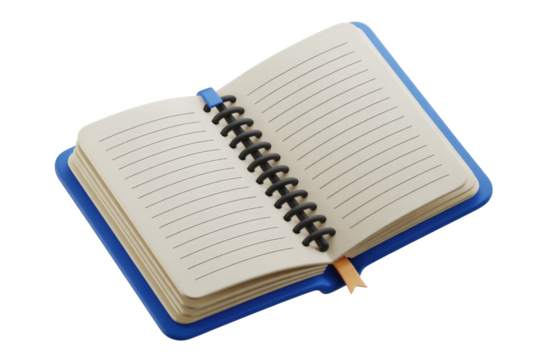 A 3D rendered image of an open spiral-bound notebook with blank pages and a blue cover. background removed