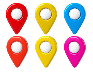 Ultra-detailed 8K PNG of multiple 3D cartoon location pins, arranged in playful scatt 78290