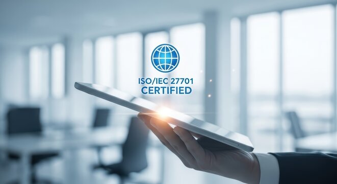 Professional demonstrates data security certification on a digital tablet in a modern office.