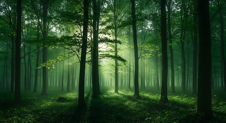 Obraz premium Sunlight streams through the trees in a lush green forest