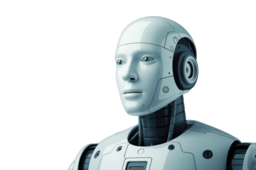 Close-up of a humanoid robot's head and shoulders, showcasing realistic features and mechanical details. background removed