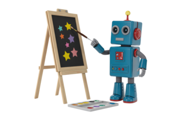 A retro robot artist paints colorful stars on a chalkboard easel with watercolors. background removed