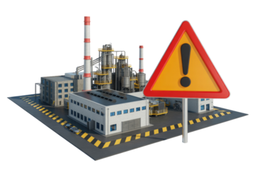 3D render of industrial factory with warning sign indicating potential hazard or safety issue. background removed