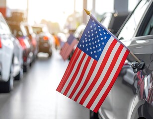Small American flag on a car in a dealership
