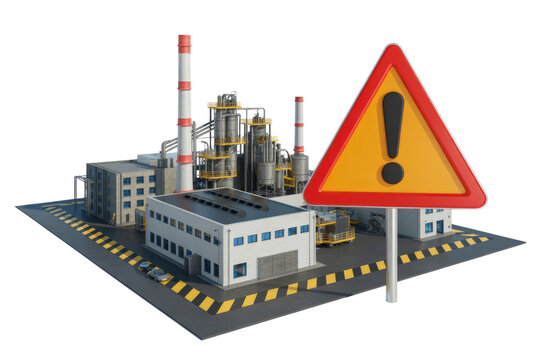 3D render of industrial factory with warning sign indicating potential hazard or safety issue. background removed