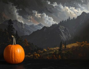 Vibrant pumpkin against a dramatic landscape.