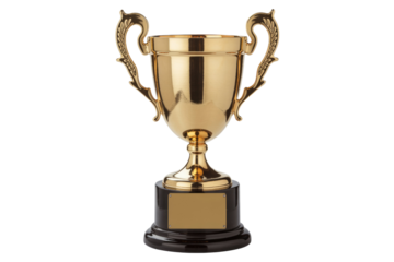 A gold trophy with two ornate handles, a blank plaque, and a dark base stands against a transparent background. background removed