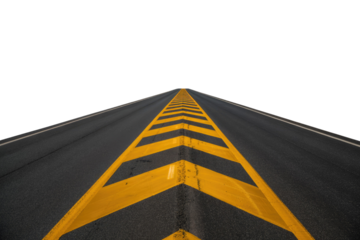 Asphalt road with yellow chevron markings, stretching to a transparent background. A journey ahead. background removed