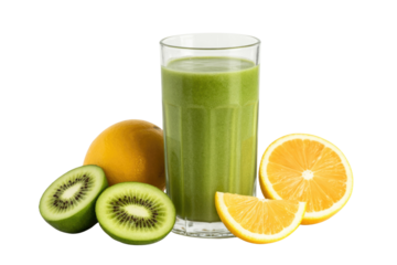 Refreshing green smoothie in a glass with kiwi and orange slices. Healthy and delicious. background removed