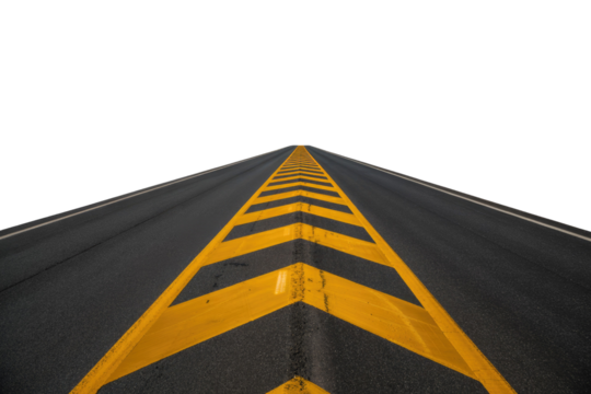 Asphalt road with yellow chevron markings, stretching to a transparent background.  A journey ahead. background removed