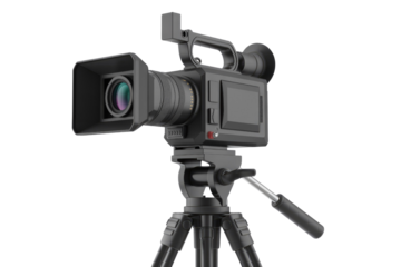 Professional black camcorder mounted on a tripod, ready for filming. background removed