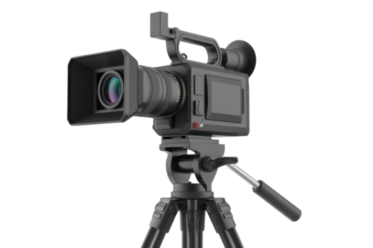 Professional black camcorder mounted on a tripod, ready for filming. background removed