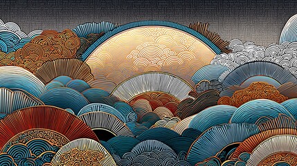 An abstract composition depicts layered, curvilinear forms reminiscent of waves or dunes, rendered in a detailed, illustrative style with a warm, glowing central element.