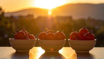 Fresh tomatoes in bowls at sunset (2)