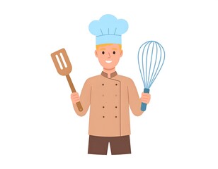Naklejka premium A cheerful chef, smiling and holding a spatula and whisk, stands out against a plain background.