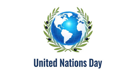 United Nations Day text with world globe and olive branches isolated on transparent background