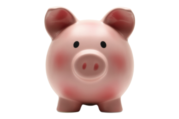 Pink piggy bank, front view, isolated on transparent background.  Savings, finance, money. background removed
