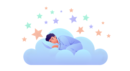 Peaceful man sleeping soundly on a fluffy cloud surrounded by gentle stars, embracing restful dreams and serene slumber for ultimate relaxation.