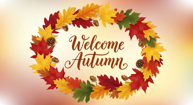 Vibrant autumn leaves frame "Welcome Autumn" text with acorns and pinecones, perfect seasonal greeting