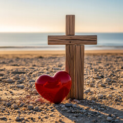 Fototapeta premium Wooden cross and red heart on beach, symbolizing faith, love, and spirituality at sunset