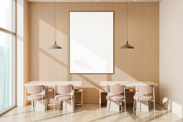 Modern dining area with vertical wooden slat wall and blank poster mockup framed centrally above minimalist tables and pastel chairs in sunlight. 3D Rendering