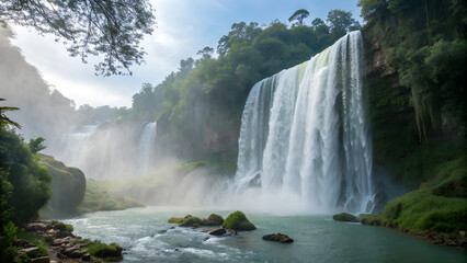 Fototapeta premium A breautiful view of a cascading waterfall surrounded by lush greenery and a misty atmosphere in nature