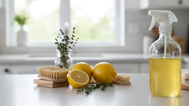 Lemon cleaning supplies on kitchen counter
