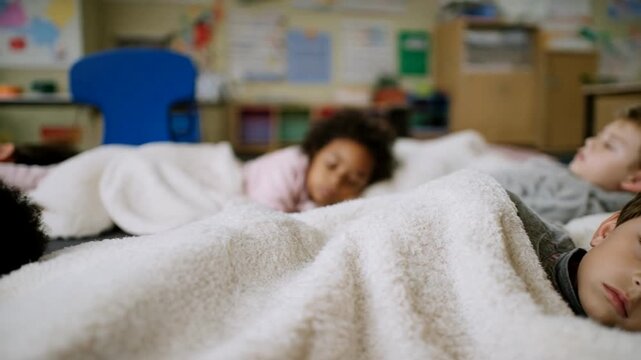 Young children resting under soft blankets, capturing a peaceful nap time setting in a classroom, evoking feelings of calmness and comfort in an educational environment