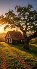 A charming, rustic cottage nestled amidst lush greenery, bathed in warm sunlight at sunset, with a towering oak tree casting a welcoming shade.