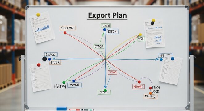 Logistics export plan diagram on a whiteboard with colorful lines and charts in a modern warehouse setting.