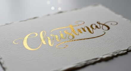 Golden Christmas lettering on a white textured card. Concept for holiday greeting card, invitation, or festive season design. New year typography.