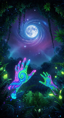 Obraz premium Enchanting night scene with glowing hands reaching for full moon & cosmic galaxy in vibrant forest