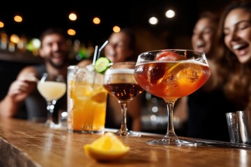 Friends enjoying cocktails together at a bar