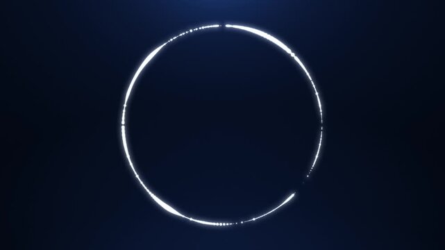 Abstract glowing white energy ring with sparkling light particles on a dark blue background. Futuristic circle frame, digital portal or sci-fi interface design for modern visuals and technology projec