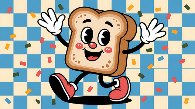 A joyful slice of toast cartoon character with a retro style dancing on a blue and beige checkered background.