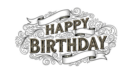 Elegant vintage Happy Birthday design with ornate swirls and banners perfect for celebrations