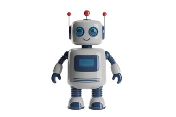 A cute, cartoonish robot with blue and white body, red antennas, and a happy expression. background removed
