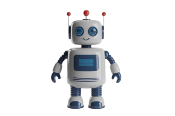 A cute, cartoonish robot with blue and white body, red antennas, and a happy expression. background removed