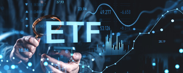 ETF analysis with magnifying glass and digital stock chart overlay on dark background.