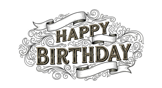 Elegant vintage Happy Birthday design with ornate swirls and banners perfect for celebrations
