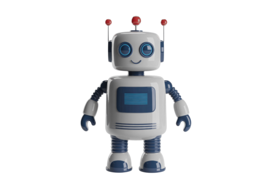 A cute, cartoonish robot with blue and white body, red antennas, and a happy expression. background removed