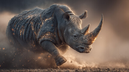 Fototapeta premium A battle hardened rhinoceros charging across a scorched basalt plain, hide like cracked armor with molten orange veins, horn blazing with concentrated flame.