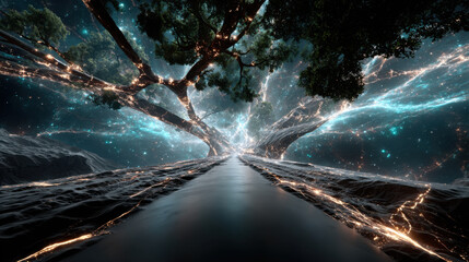 A neural network visualized as a tree of glowing nodes and connections spreading into infinity