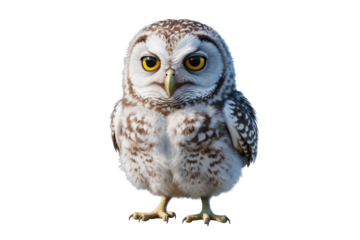 A cute, fluffy, cartoonish illustration of a small owl with bright yellow eyes. background removed